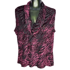 Y2K Express Pink + Black Zebra Print w/ Roses Velvet Cowl Neck Tank Top Size XL